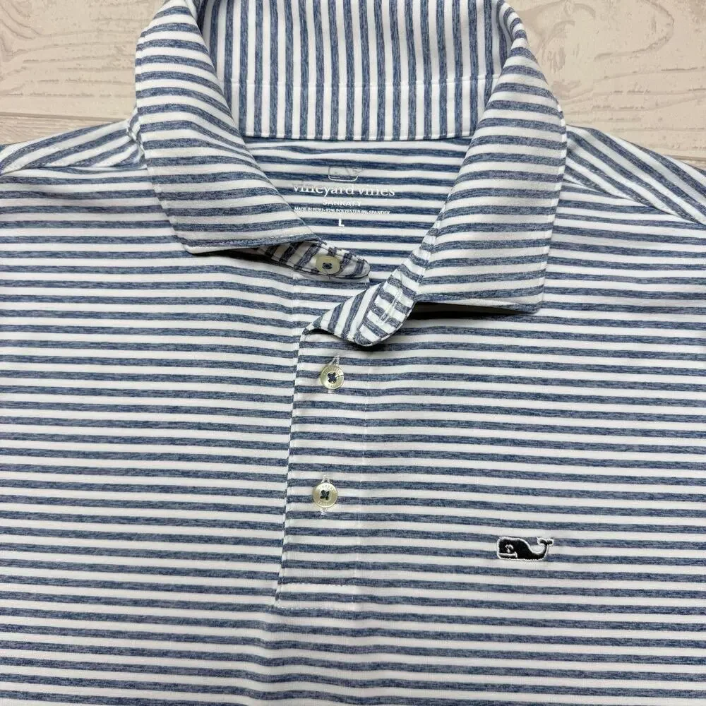 Vineyard Vines Sankaty Performance Polo Boys Large 16 Blue Striped Golf Shirt